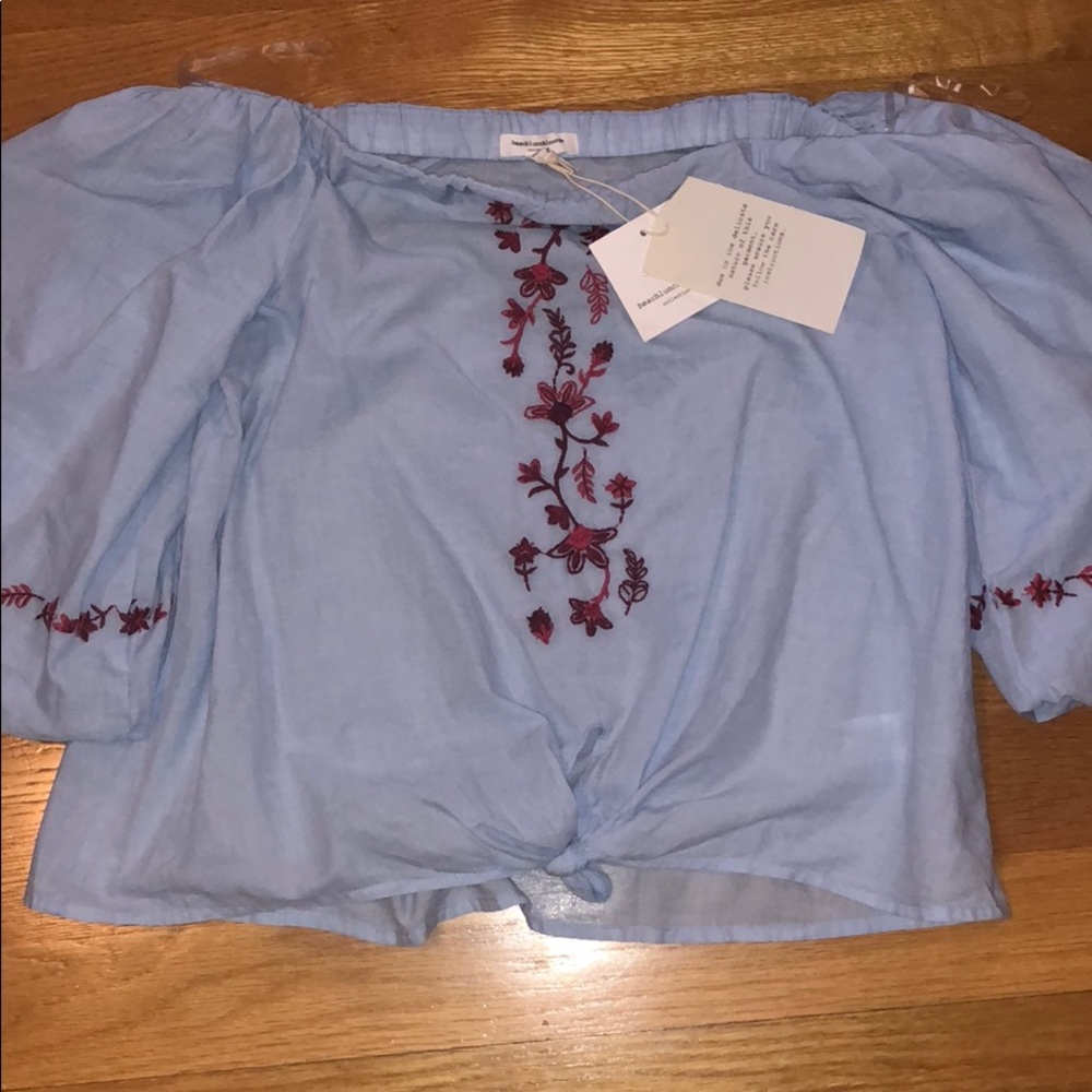 Light blue off the shoulder top.
